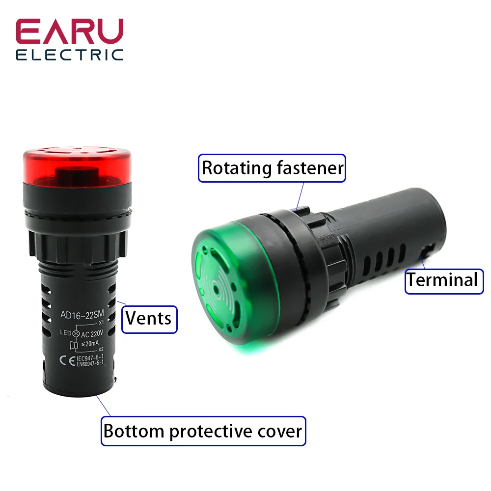 Color: Clear - AD16-22SM 22mm Panel Diameter AC 12V 24V 110V 220V Flash Signal Light Red LED Active Buzzer Beep Alarm Indicator Green Yellow