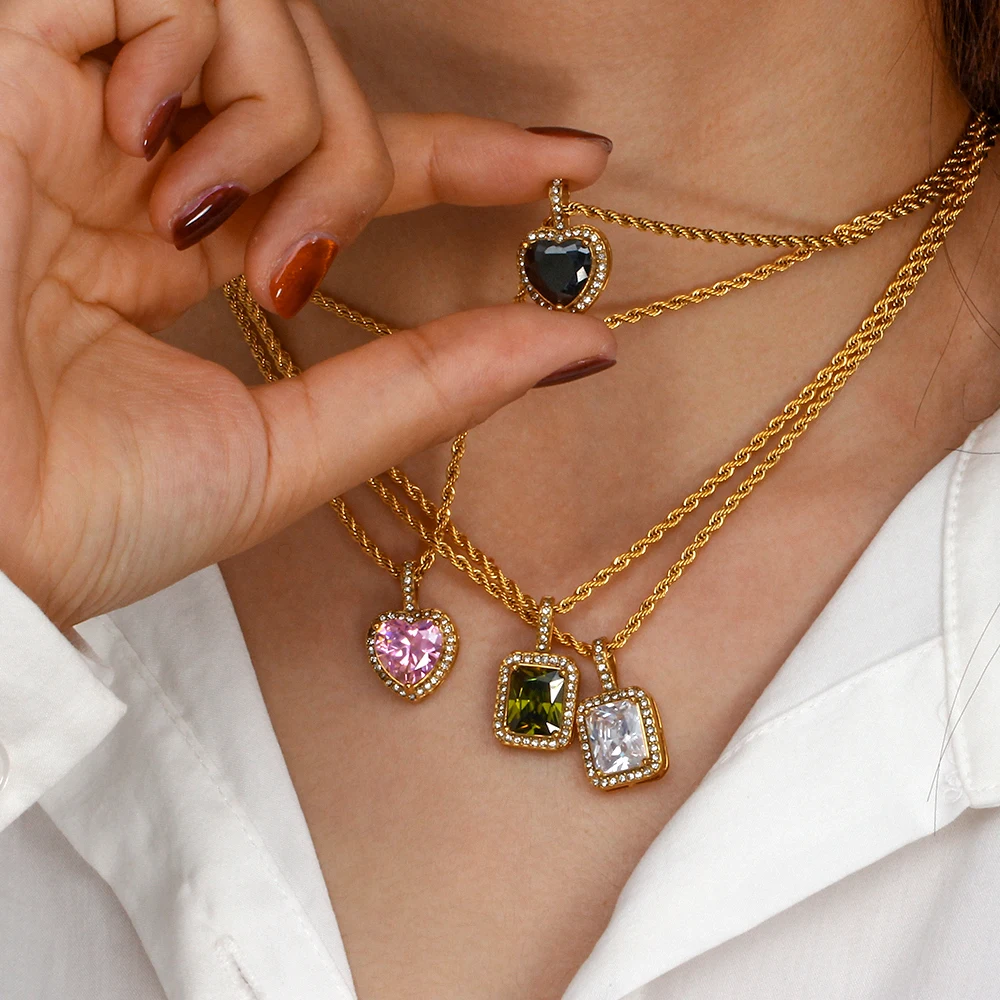 Metal Color: RED-BROWN - 2022 New Stainless Steel PVD Plating Heart Shape AAA Cubic Zircon Stone Pendant Necklace Ladies Party Christmas Jewelry Gift