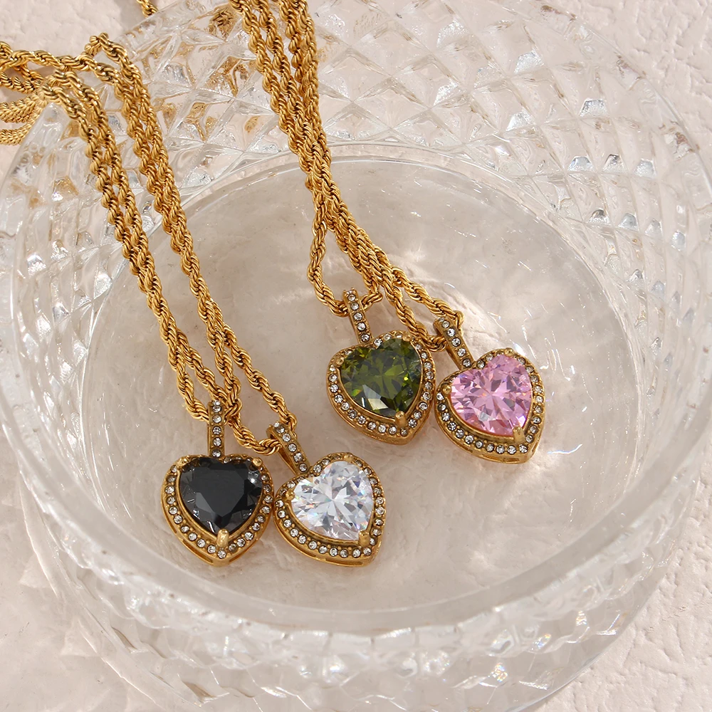 Metal Color: RED-BROWN - 2022 New Stainless Steel PVD Plating Heart Shape AAA Cubic Zircon Stone Pendant Necklace Ladies Party Christmas Jewelry Gift