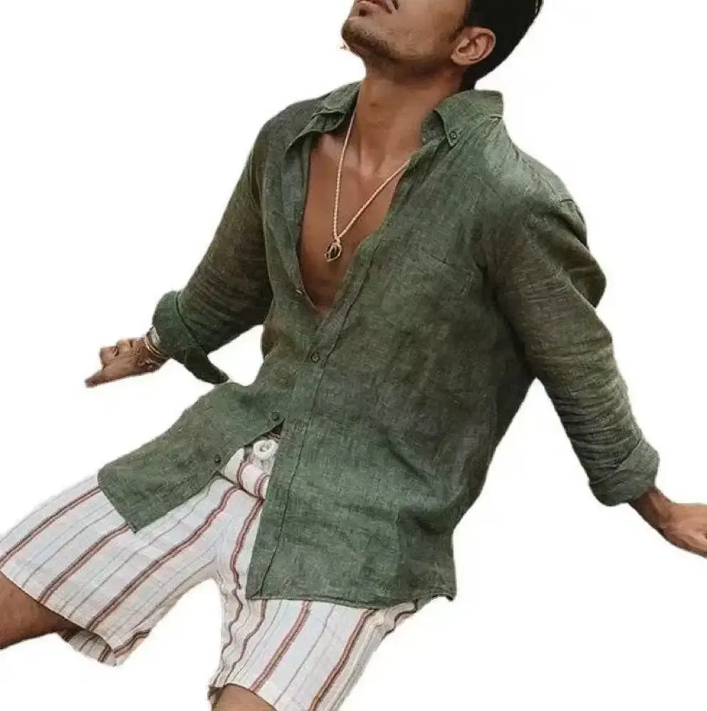 Color: green, Size: XL, Sale by Pack: Pack of 1 - Men's new men's long sleeve buttoned cotton linen shirt lapel cardigan