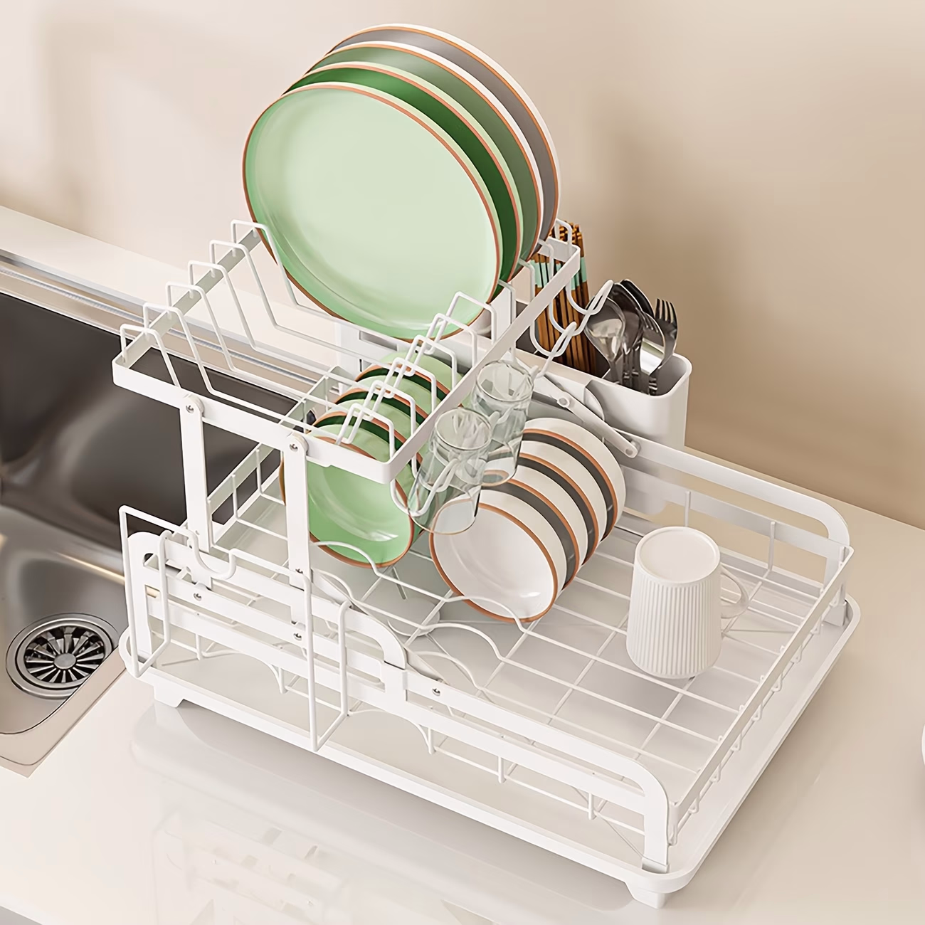 2 Tier Foldable Dish Drying Rack – Kitchen Plate, Bowl, Cup Organizer, and Cutlery Storage (White)