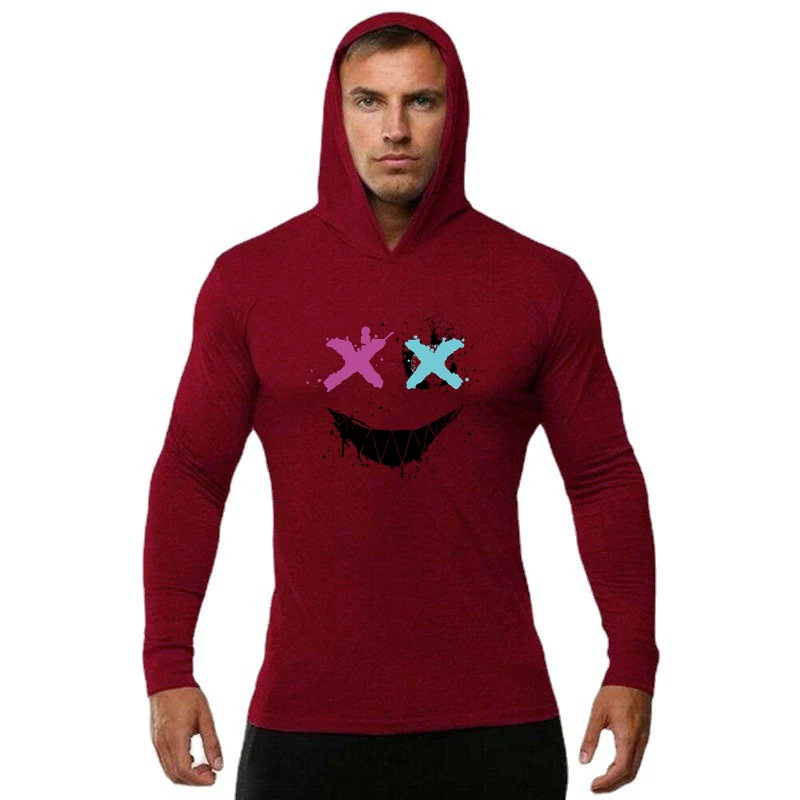 Color: GRAY, Size: XL - Trendy Personality Funny XX Smile Face Hoodie Mens Slim Fit Running Long Sleeve Cotton Shirt Gym Training Fitness Hooded T-Shirt