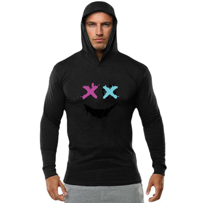 Color: GRAY, Size: XL - Trendy Personality Funny XX Smile Face Hoodie Mens Slim Fit Running Long Sleeve Cotton Shirt Gym Training Fitness Hooded T-Shirt