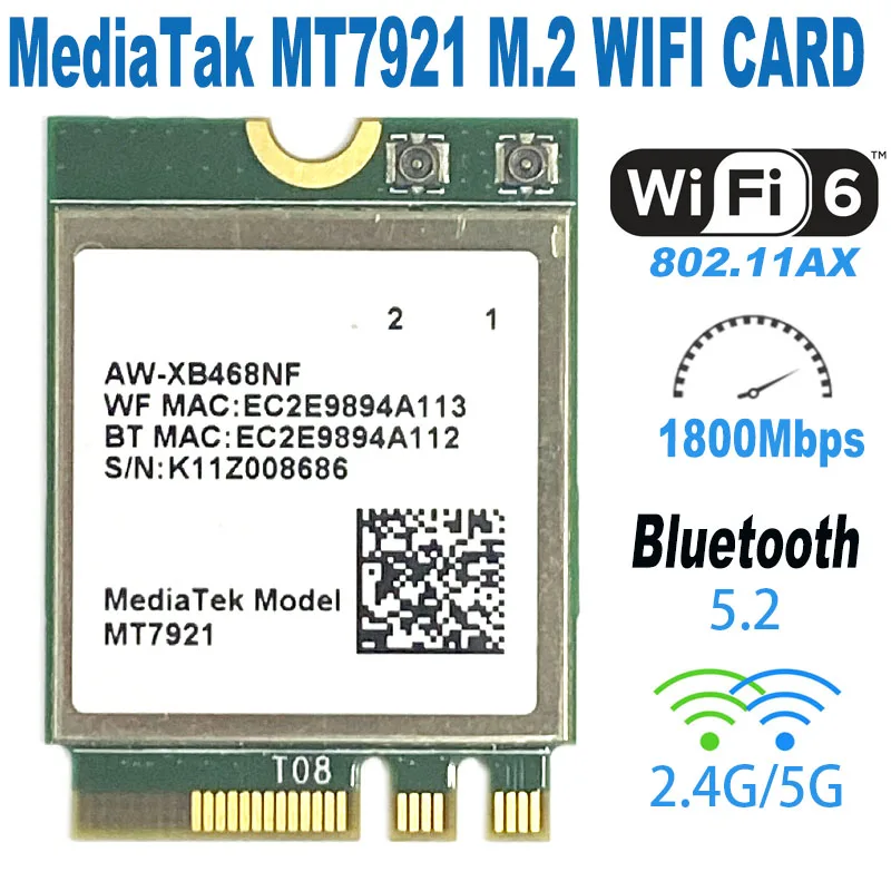 MediaTek MT7921 Desktop Kit Wi-Fi 6 1800Mbps Bluetooth 5.2 Wireless Card 802.11AX 8DBi Antennas NGFF m2 for Windows 10 / 11