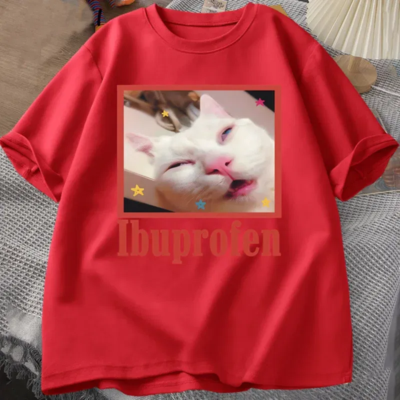 Color: SKY BLUE, Size: XXL - Ibuprofen Cat Meme Tshirt Funny Cat Graphic Tee Cute Cat Lover Cotton T-Shirt Casual Funny T Shirts Unisex Oversized Tshirt Tee