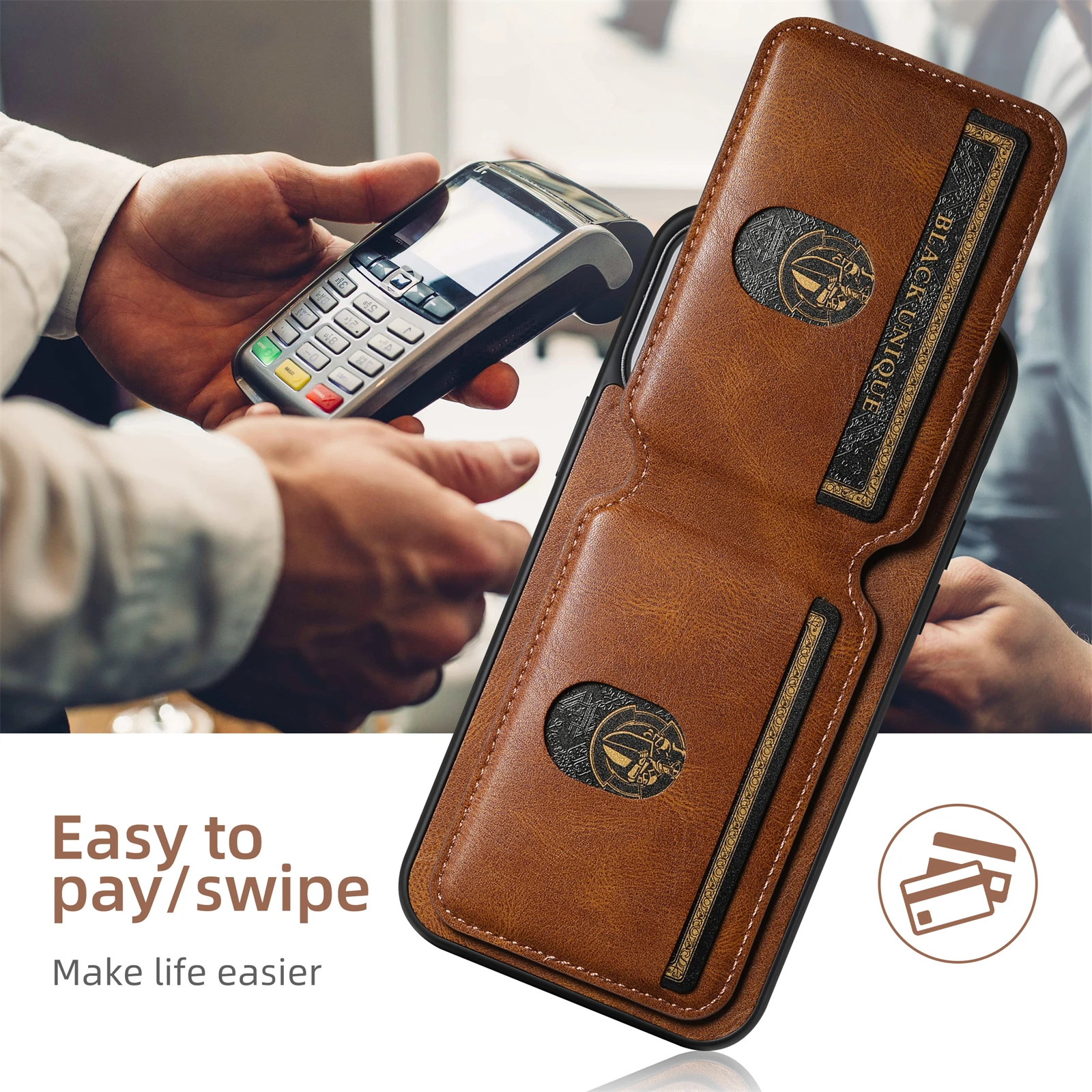 Color: Coffee, Material: GENUINE LEATHER - SUTENI Card Holder Leather Magnetic Pocket Cover Wallet Phone Case For iPhone X XS XR 11 12 13 14 15 Pro Max Plus