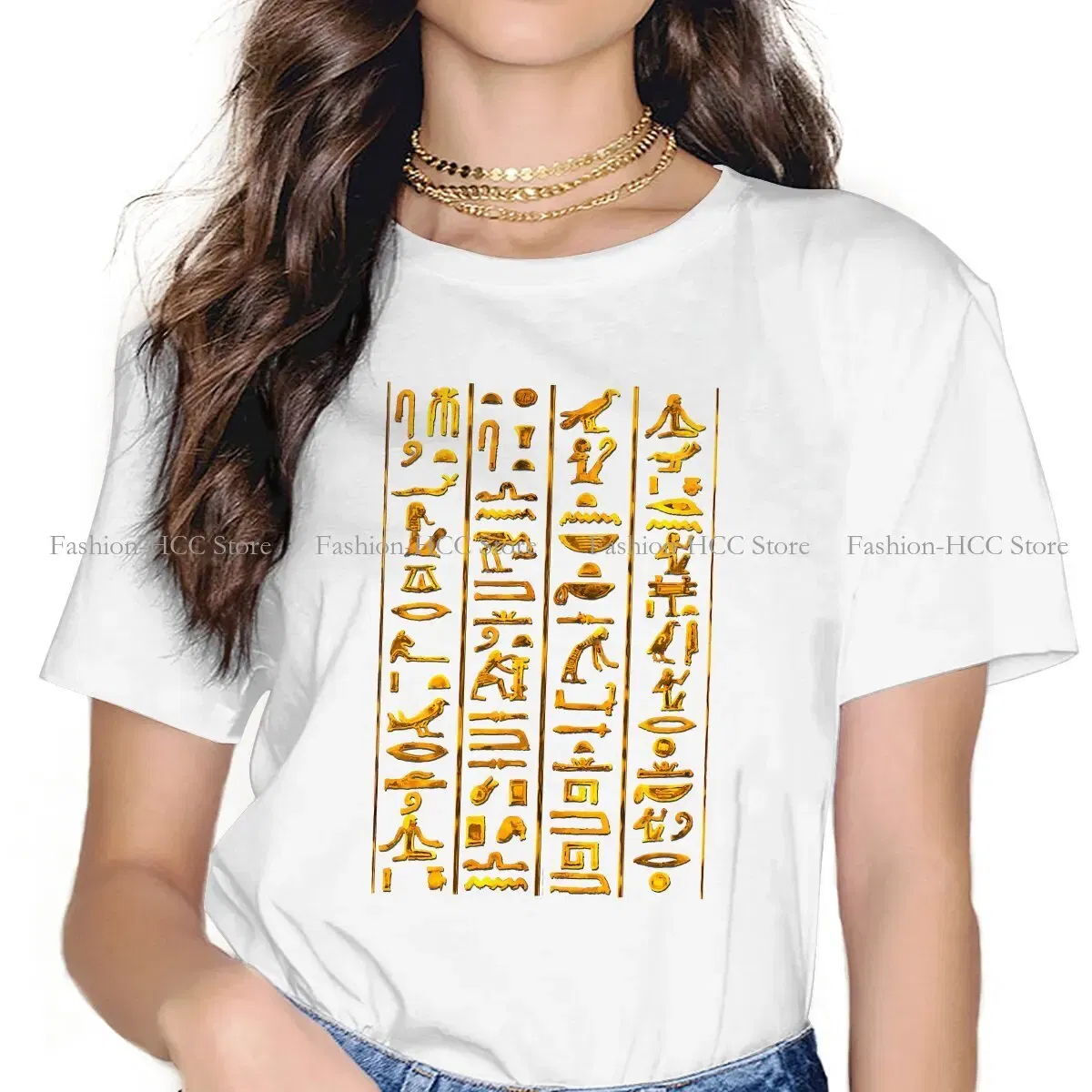 Color: WHITE, Size: M - Ancient Egypt Culture Polyester TShirts Hieroglyphs Gold On Black Distinctive Women's T Shirt Funny Tops