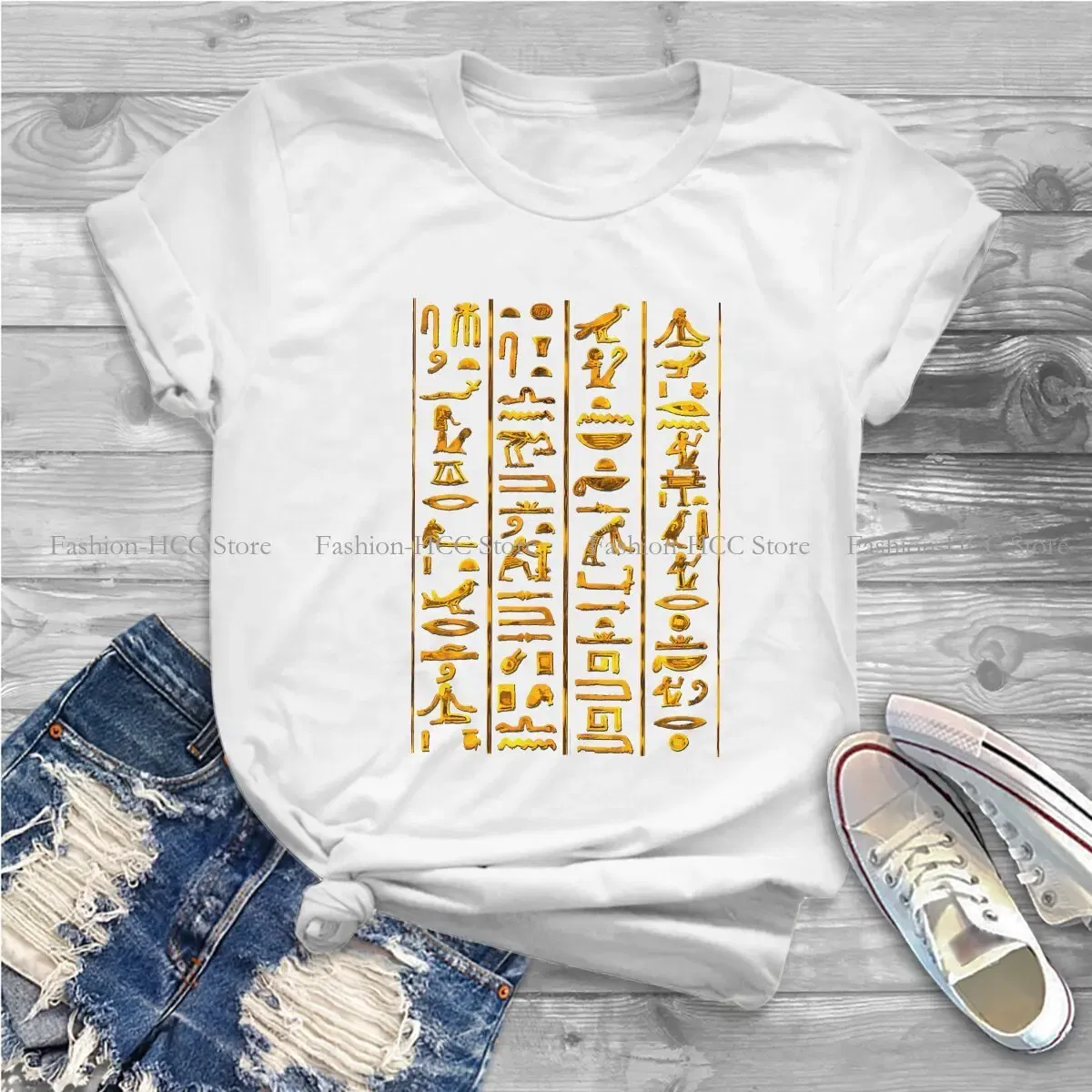 Color: WHITE, Size: M - Ancient Egypt Culture Polyester TShirts Hieroglyphs Gold On Black Distinctive Women's T Shirt Funny Tops
