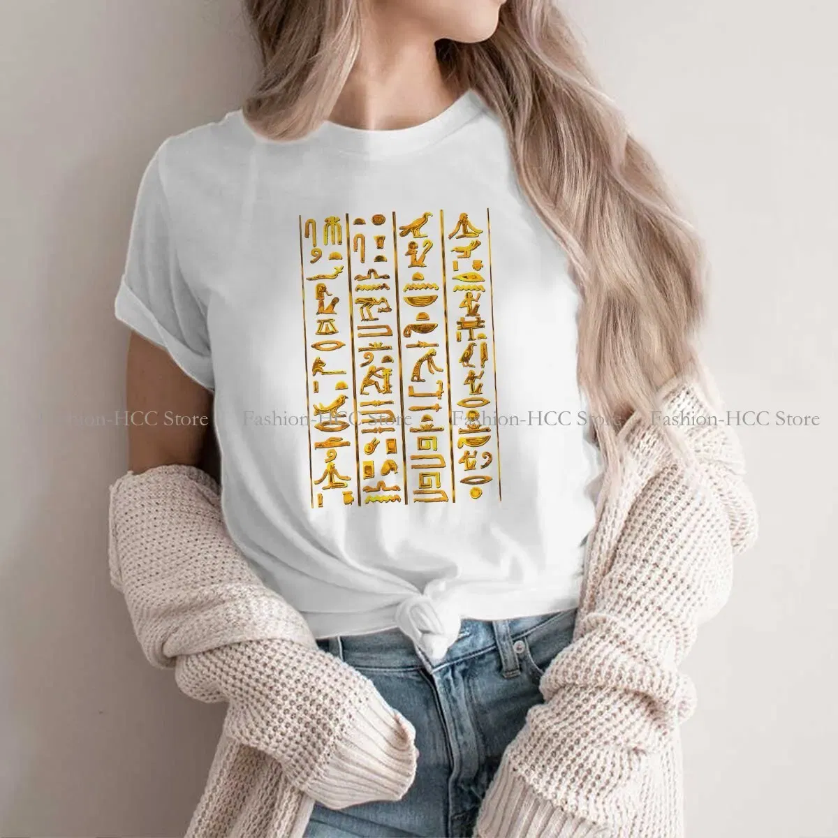 Color: WHITE, Size: M - Ancient Egypt Culture Polyester TShirts Hieroglyphs Gold On Black Distinctive Women's T Shirt Funny Tops