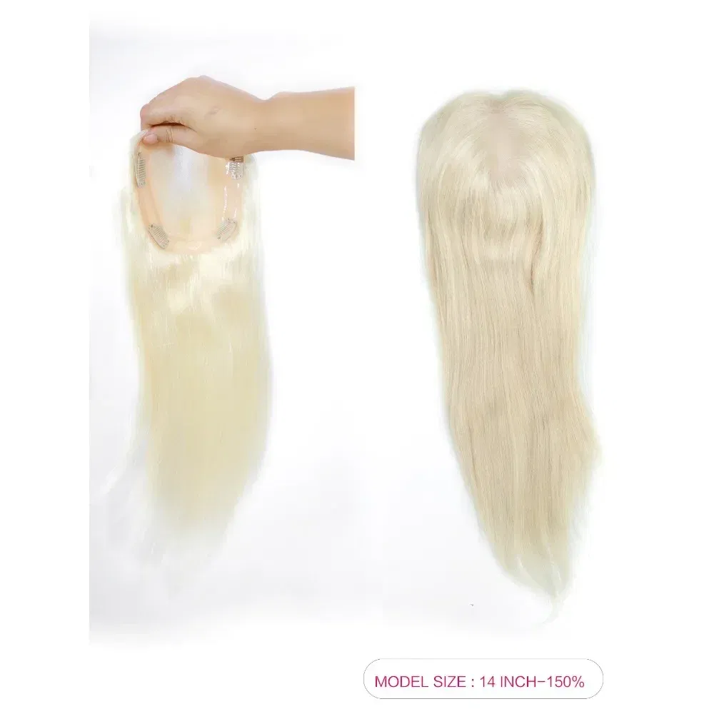 Toupee Color: 60R#, Toupee Size: 5x5, Toupee Design: free, Toupee Density: 120%, Length: 14 inches - 5.5X6inch Mono Base Brazilian Remy Human Hair Topper 12"-18" Double Pu Around Thick Invisible Mono Topper for Women Hairpieces