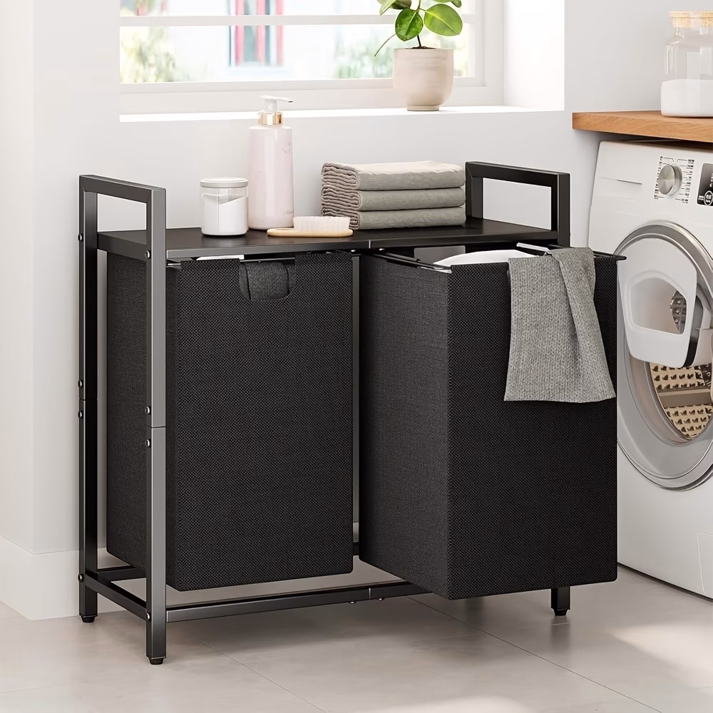 Dual Laundry Hamper with Pull-Out High-Quality Bags, Carbon Steel Frame & Top Shelf – 72x32x71cm, Easy Assembly for Clothes Sorting & Storage