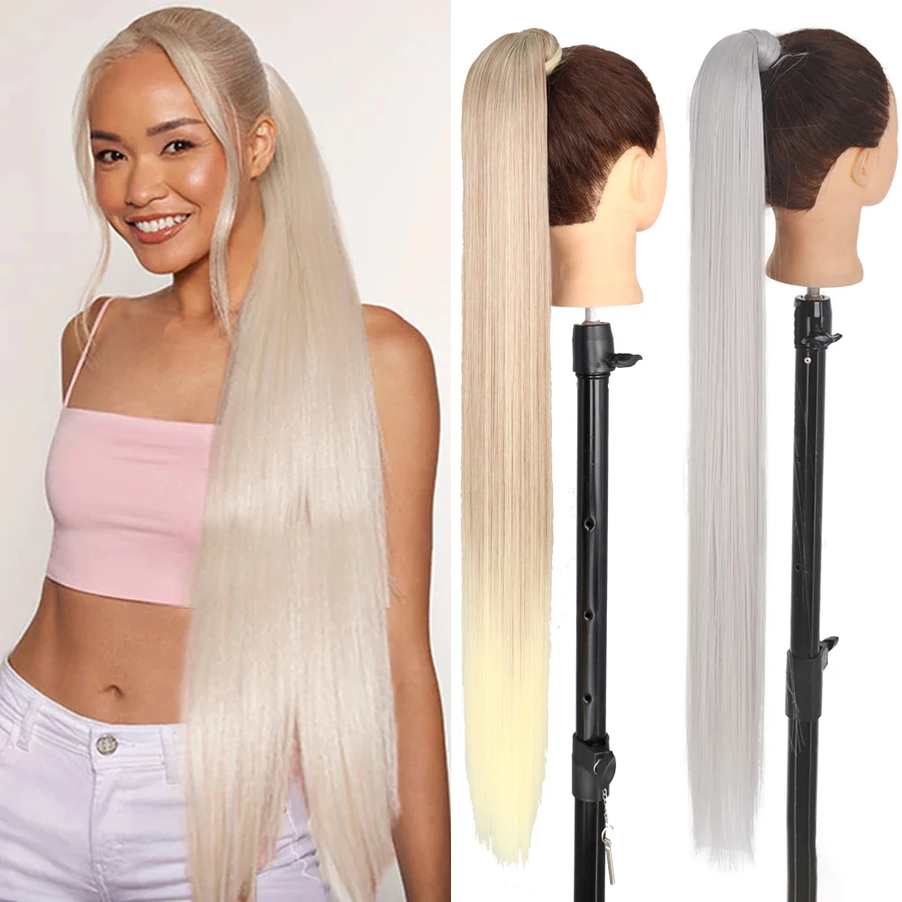 Color: P4/27, Stretched Length: 34inches - AZQUEEN Straight Synthetic Hairpiece With Ponytail 85cm Super Long Wrap Around Clip In Hair Extensions Pony Tail For Daily Wear