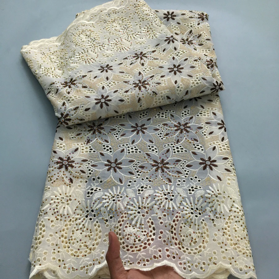 Color: Yellow, length: 5 yards, Width: 120cm - Black Swiss Lace Fabric High Quality 2025 Embroidered Rhinestones Nigerian Cotton Lace Fabric African Dress for Women Sew A4212