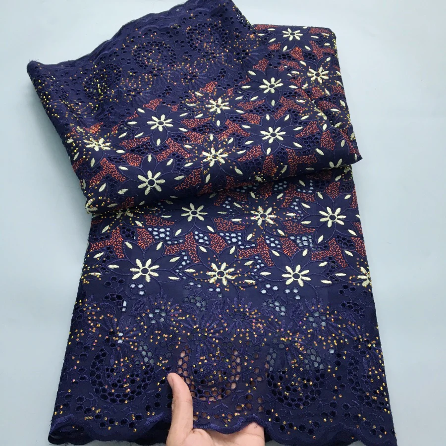 Color: Yellow, length: 5 yards, Width: 120cm - Black Swiss Lace Fabric High Quality 2025 Embroidered Rhinestones Nigerian Cotton Lace Fabric African Dress for Women Sew A4212