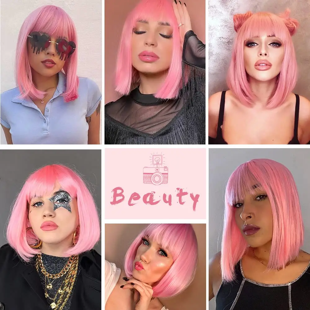 Color: Blonde, Stretched Length: 12inches - 12-inch pink short straight hair synthetic wig for cosplay, pompadour hairstyle, daily high-temperature hair wig