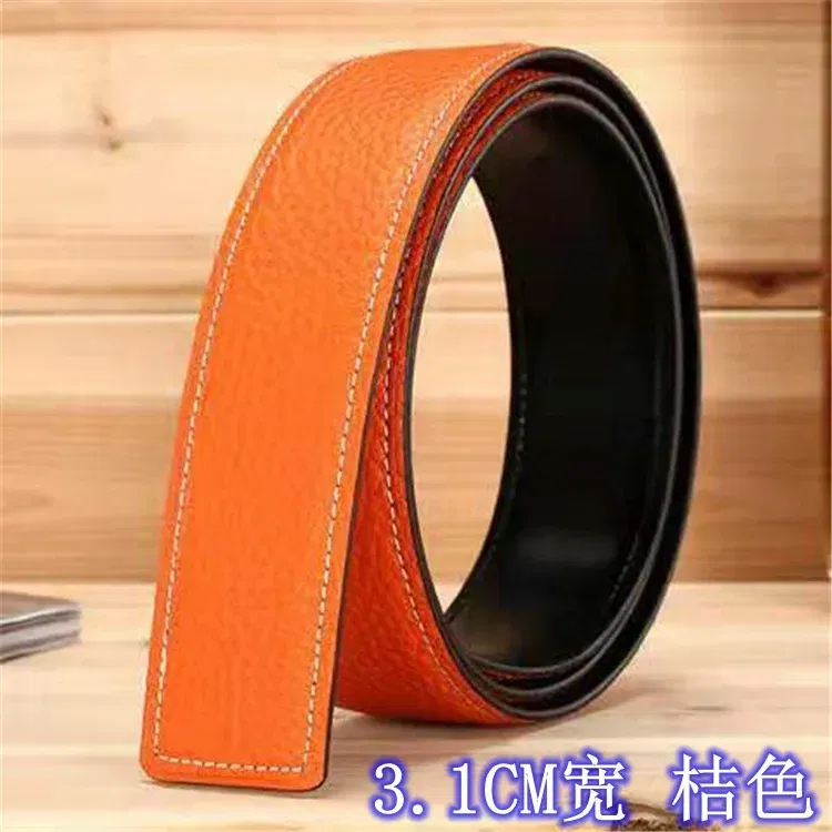 Color: light green, Belt Length: 120cm - 3.1cm No Buckle Belt Brand Belt Men High Quality Male Genuine Real Leather Strap forJeans Litchi grain Belt Cinturones Hombre