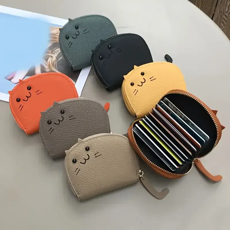 Color: dark blue - Cartoon Cat shaped design Wallet Women's Multi-card slots Holder Cute Fashion Faux Leather Coin Purse Creative ID Card Holder