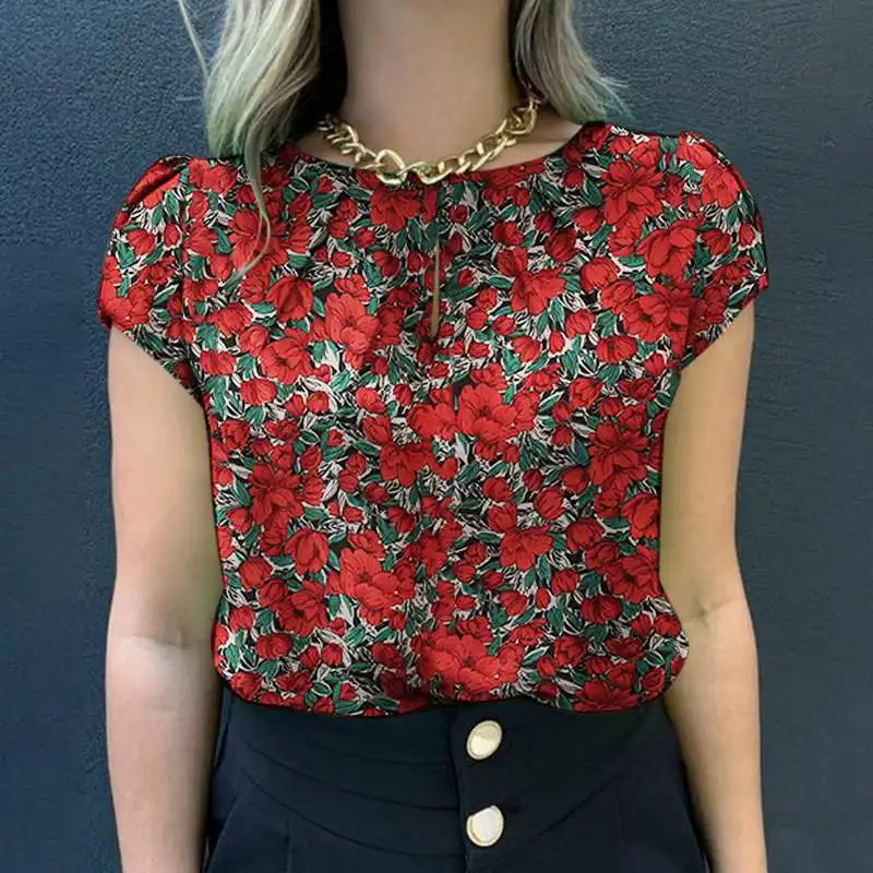 Color: Red, Size: XXXL - Women Vintage Floral Printed Blouse 2024 ZANZEA Bohemian Summer Short Sleeve Tops Female Work Blusas Mujer Casual Holiday Shirt