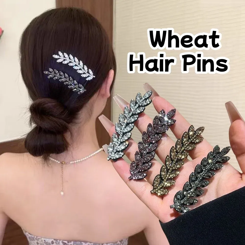 Color: GRAY - Fashion Mini Crystal Hair Pins Exquisite Rhinestone Ear of Wheat Duckbill Hair Clips Girl Side Barrettes