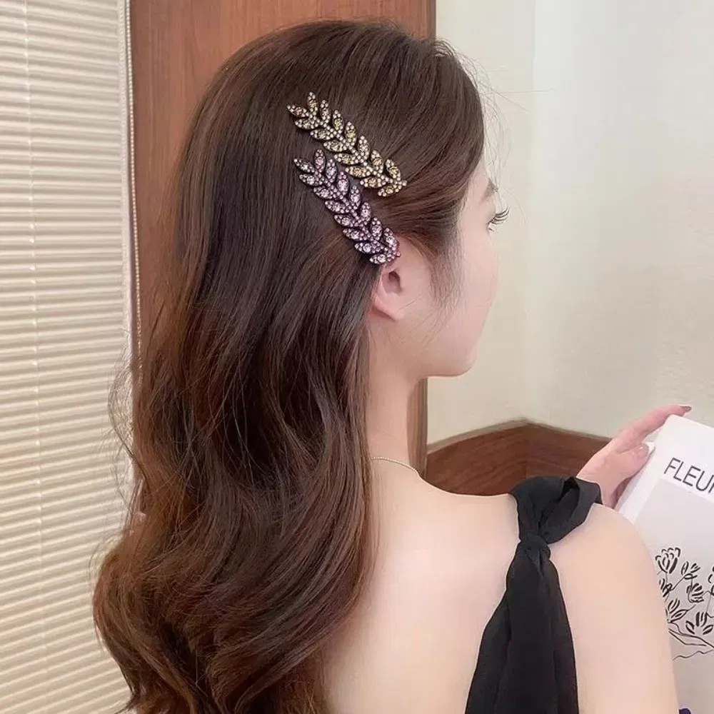 Color: GRAY - Fashion Mini Crystal Hair Pins Exquisite Rhinestone Ear of Wheat Duckbill Hair Clips Girl Side Barrettes
