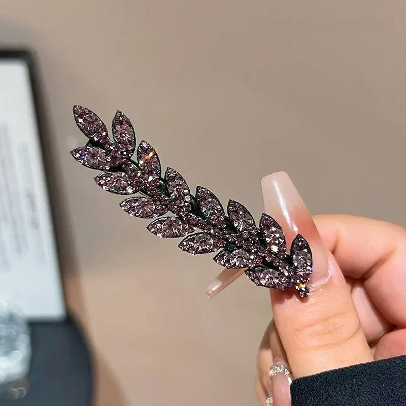 Color: GRAY - Fashion Mini Crystal Hair Pins Exquisite Rhinestone Ear of Wheat Duckbill Hair Clips Girl Side Barrettes