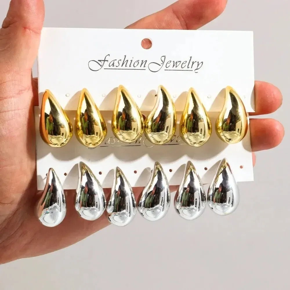 Metal Color: silver - 3 Pair/Set Chunky Gold Plated Waterdrop Hoop Earrings for Women Smooth Multicolour Acrylic Tear Drop Earring Lightweight Jewelry