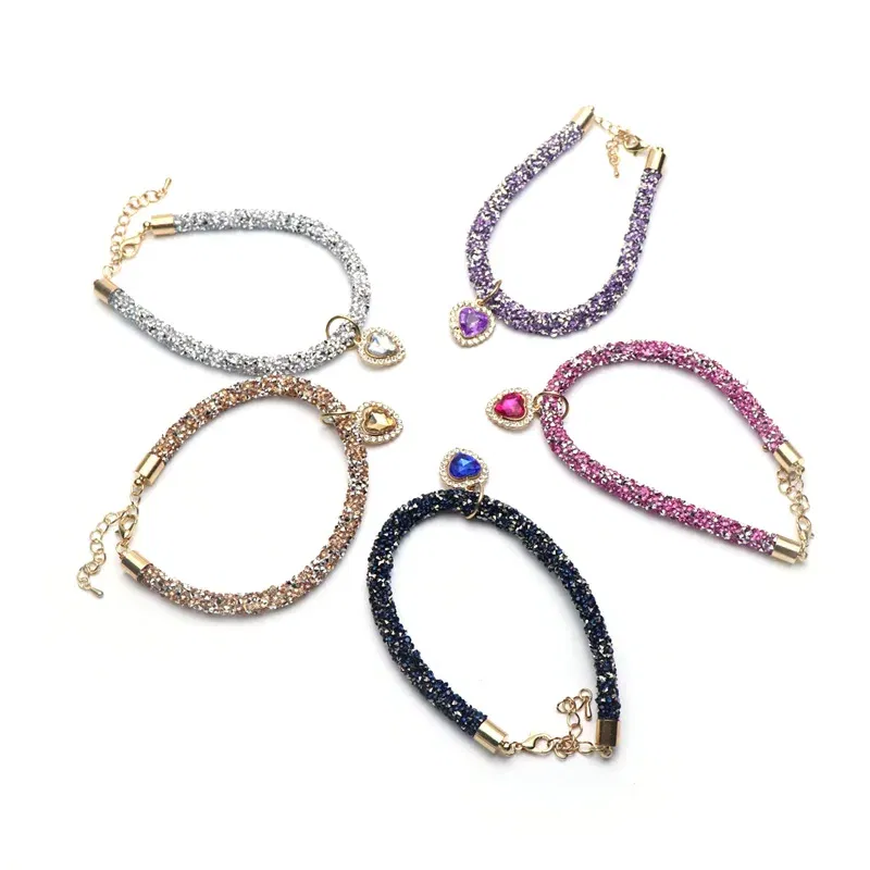 Color: Lavender, Size: S - Luxury Cat Collar with Heart Crystal Pendant Puppy Chihuahua Necklace Reflective Rhinestone Kitten Neck Strap Pets Accessories