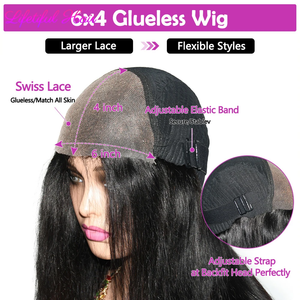 Hair Color: #1B, Density: 200%, Ships From: CHINA, Stretched Length: 22INCHES - 32 Inch 6x4 Bone Straight Human Hair Wigs Glueless Wig Human Hair Ready To Wear Pre-cut Brazilian 100% Human Hair Wigs For Women