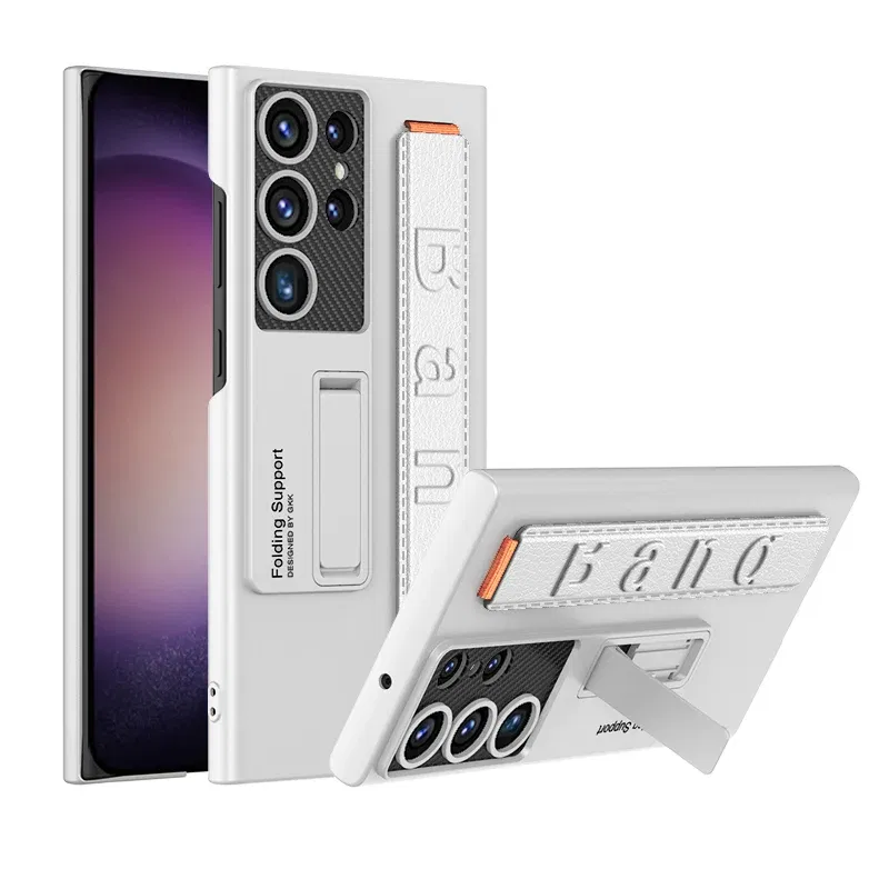 Color: WHITE, Material: ABS - S24 Ultra Wrist Strap Holder Case For Samsung Galaxy S23 Ultra Carbon Fiber Shockproof Armor Camera Protector Kickstand Cover