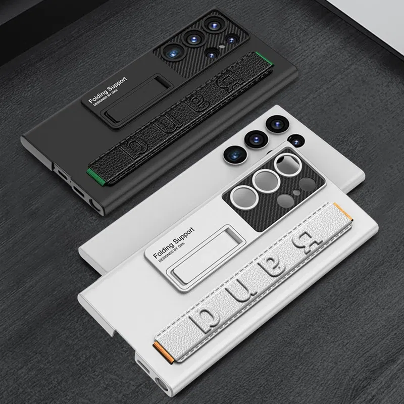 Color: WHITE, Material: ABS - S24 Ultra Wrist Strap Holder Case For Samsung Galaxy S23 Ultra Carbon Fiber Shockproof Armor Camera Protector Kickstand Cover