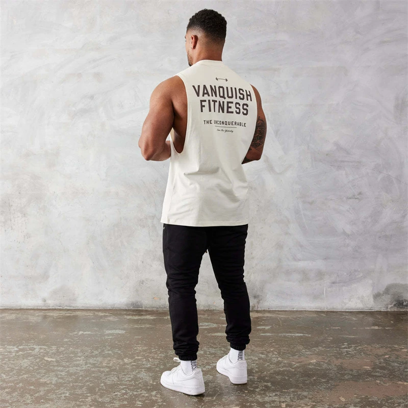 Color: WHITE, Size: XL - Gym exercise fitness sports men's vest cotton wide shoulder round neck sleeveless shirt slim casual men's wear