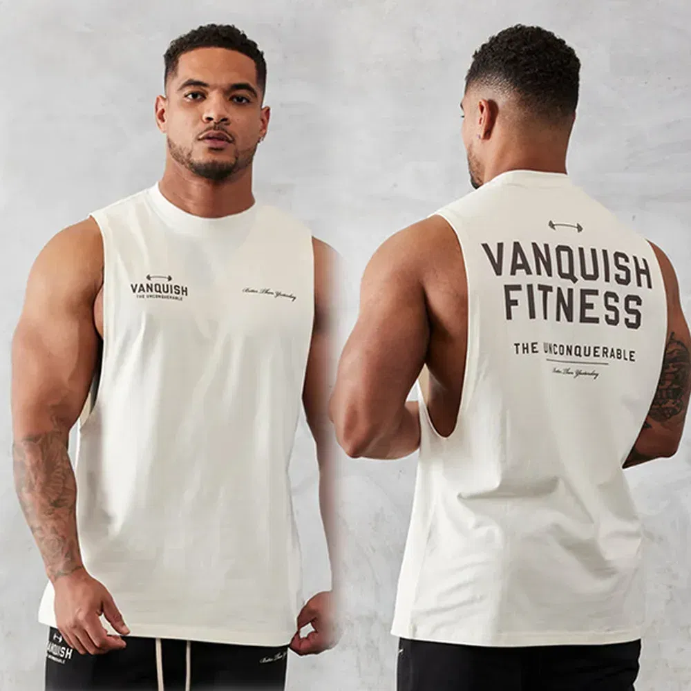 Color: WHITE, Size: XL - Gym exercise fitness sports men's vest cotton wide shoulder round neck sleeveless shirt slim casual men's wear