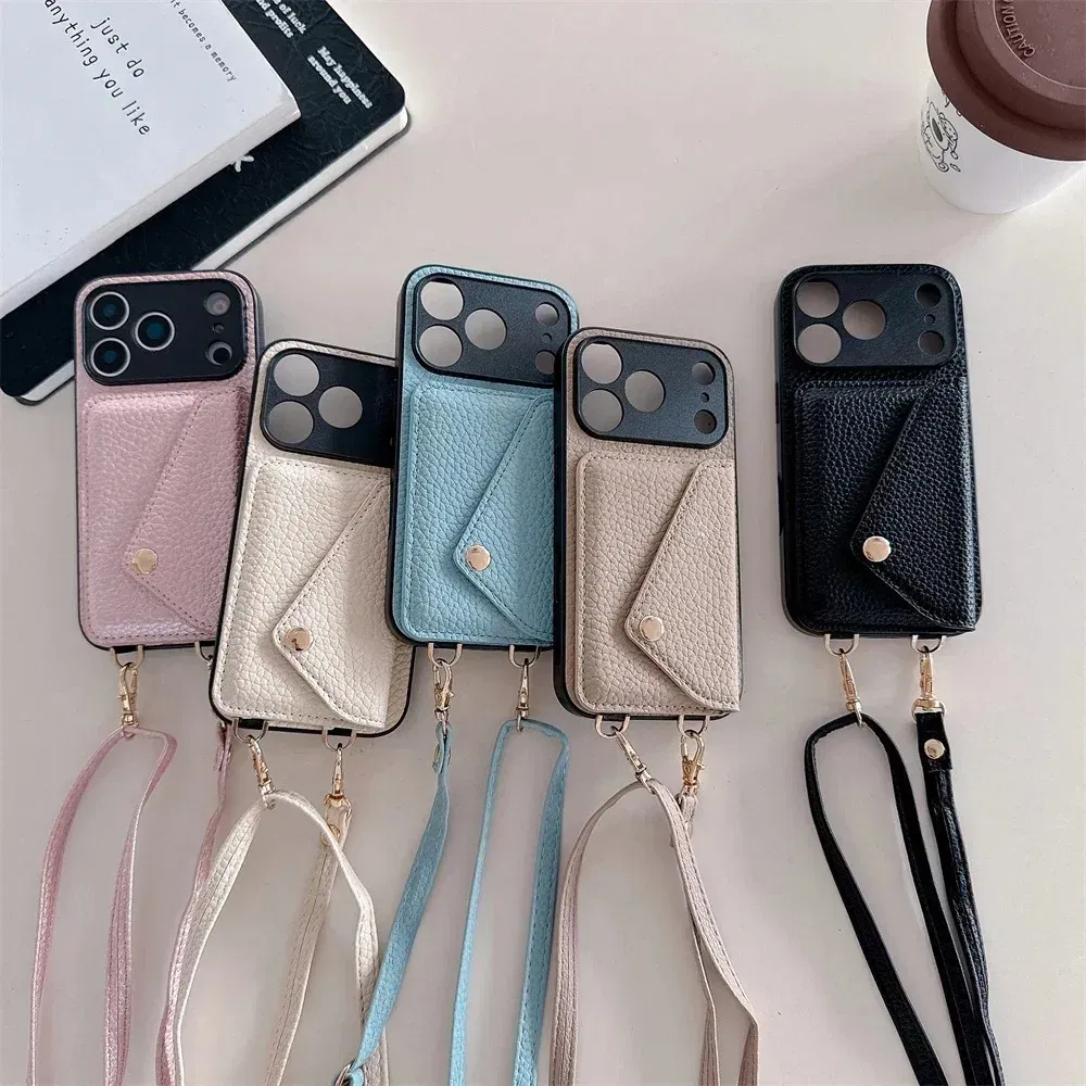 Material: ABS, Color: black - Crossbody wallet card holder phone case For iPhone 17Air 16, 15, 14, 13, 12, 11 Pro Max, XR with lanyard protective cover