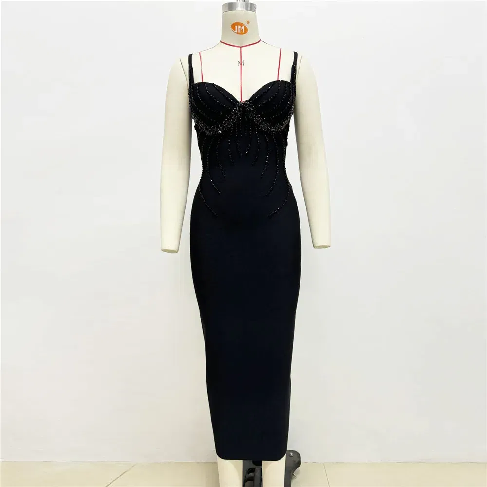 Color: black, Size: S - Women Sexy Beading Spaghetti Strap Bandage Dress Bodycon Clothes Club Party Celebrity Elegant Dresses