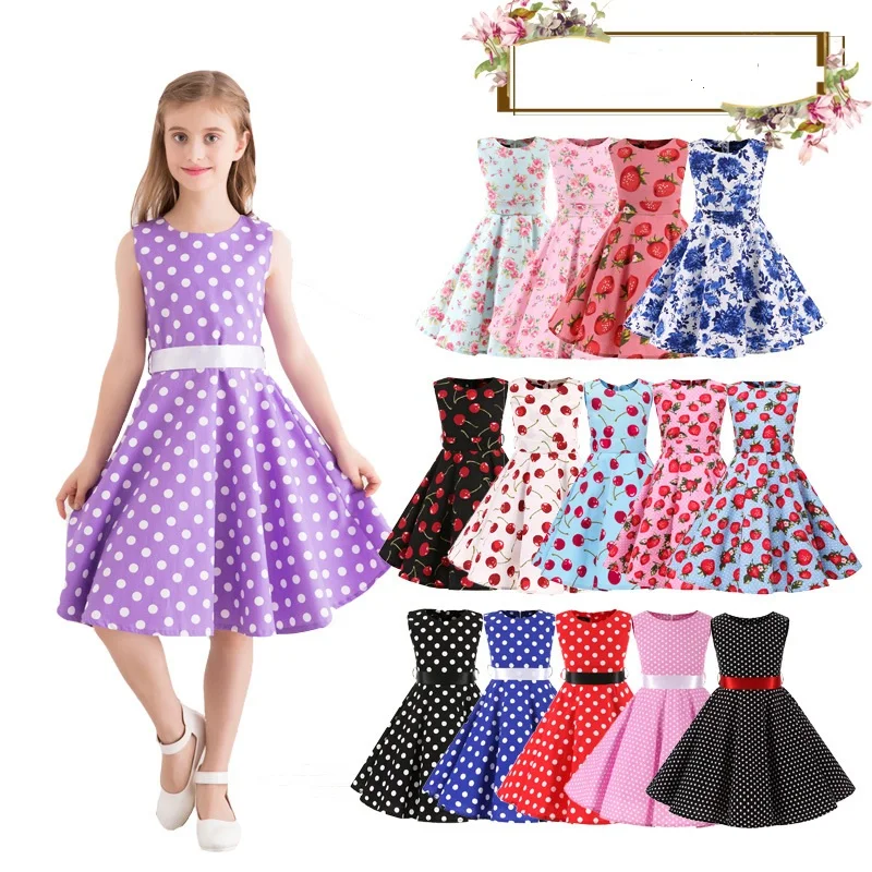 Polka Dot Vintage Kids Cotton Dress Flower Floral Midi Summer Dress Baby Girl