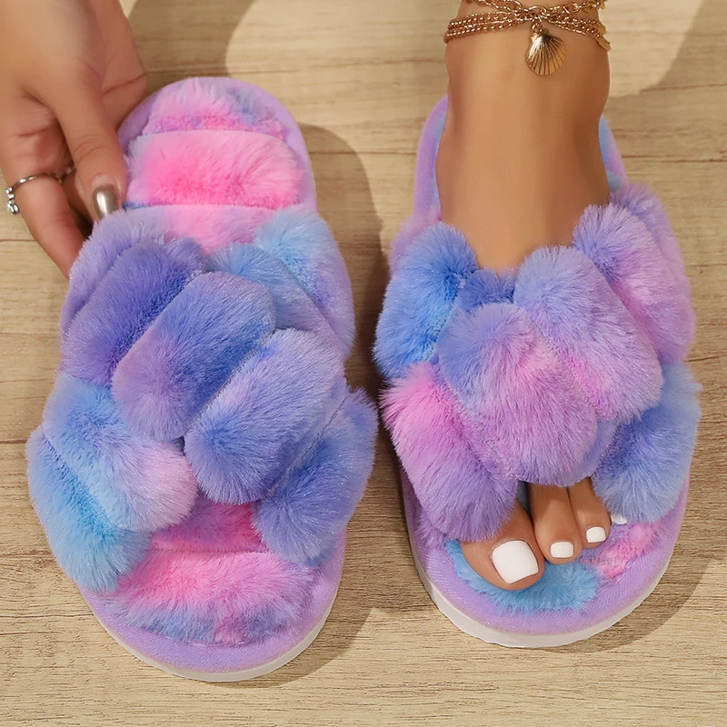 Color: Clear, Shoe Size: 36-37 - Women's Rainbow Plush Cotton Slippers Lightweight Comfort Low Platform Fluffy Slippers Big Size Non-Slip 2025 Winter Home Slides