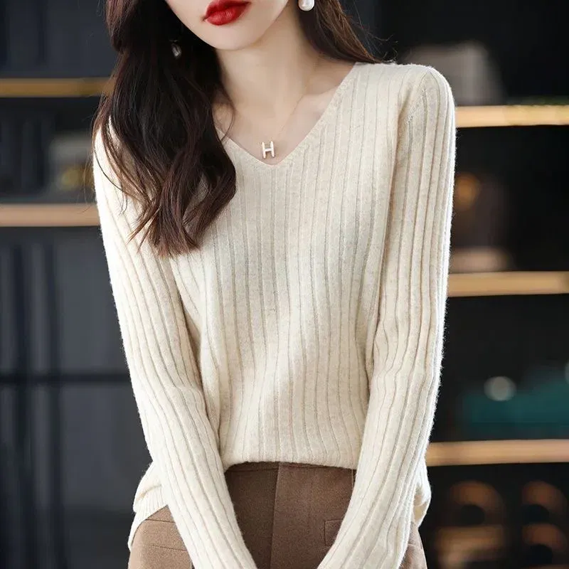 Color: Beige, Size: L - Women Sweater Long Sleeve Top Knitted Pullover V-Neck Fashion Sweater Woman Winter Basic Female Clothing Soild OL Sweater DF4933