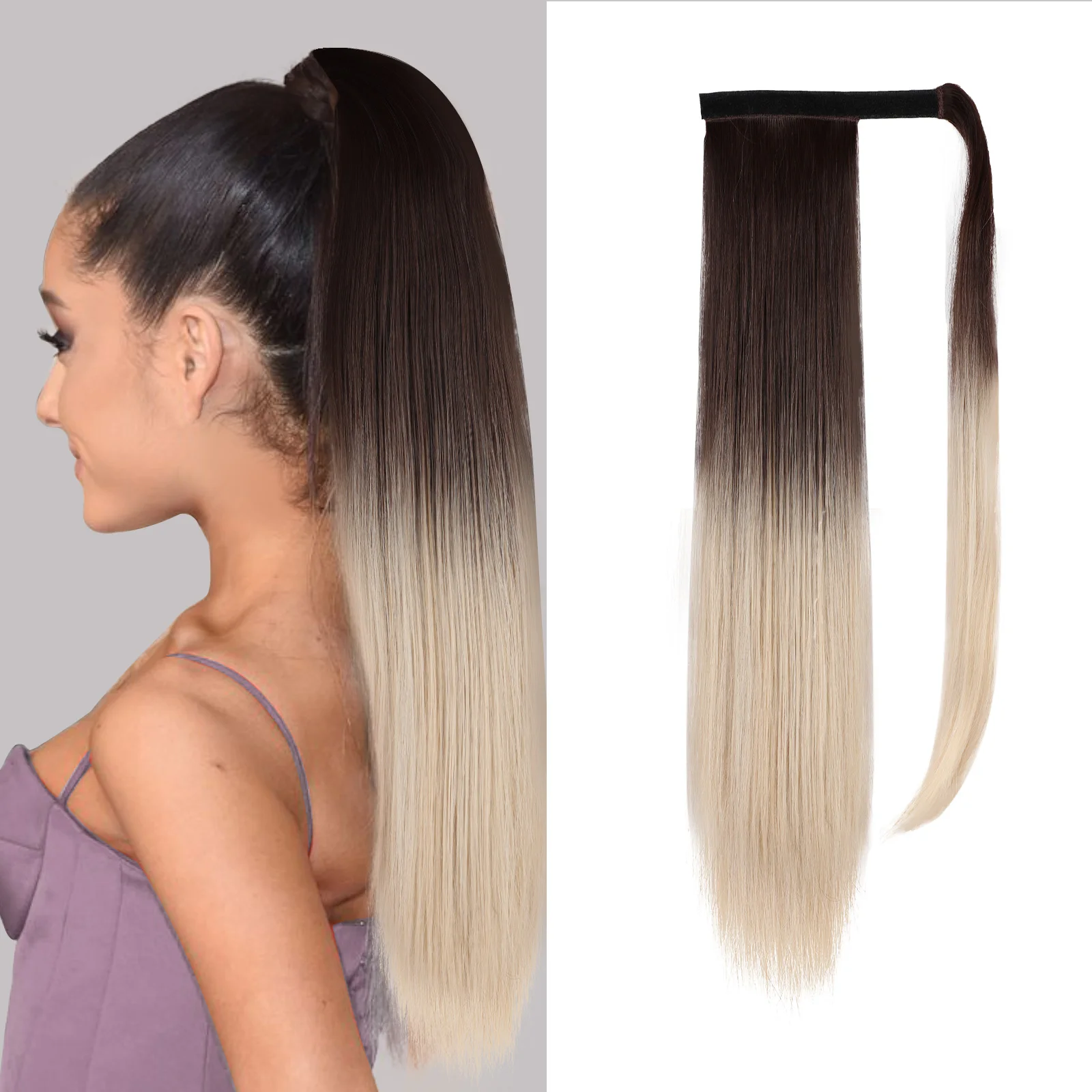 Color: Natural Color - Synthetic Hair Chip-in Hair Extension Pony Tail Wig Heat-Resistant Straight Hair With Ponytail Wig 20Inch Long Black Brown Ombr3