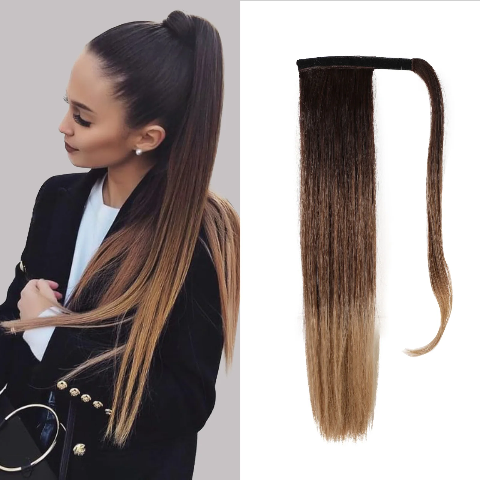 Color: Natural Color - Synthetic Hair Chip-in Hair Extension Pony Tail Wig Heat-Resistant Straight Hair With Ponytail Wig 20Inch Long Black Brown Ombr3