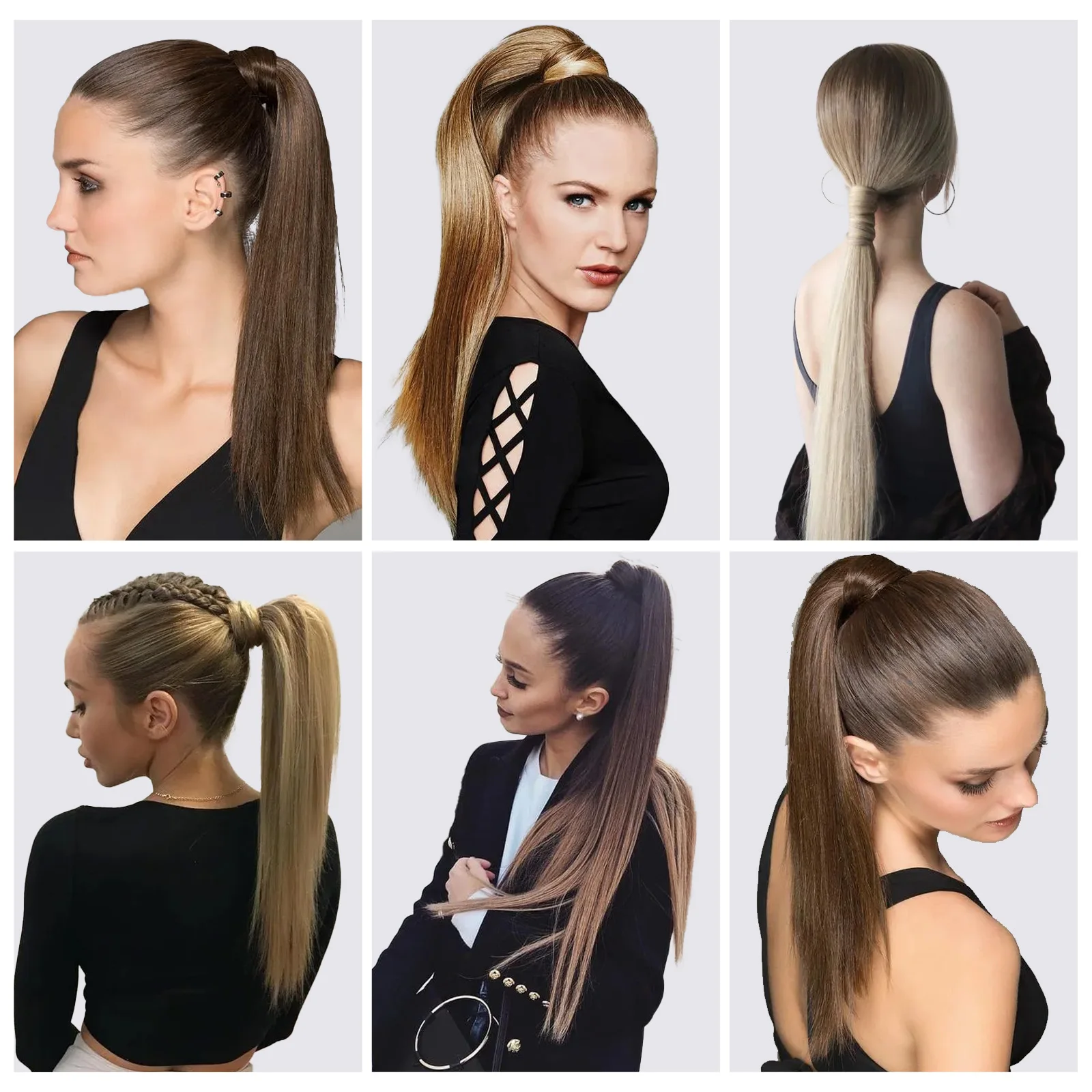 Color: Natural Color - Synthetic Hair Chip-in Hair Extension Pony Tail Wig Heat-Resistant Straight Hair With Ponytail Wig 20Inch Long Black Brown Ombr3