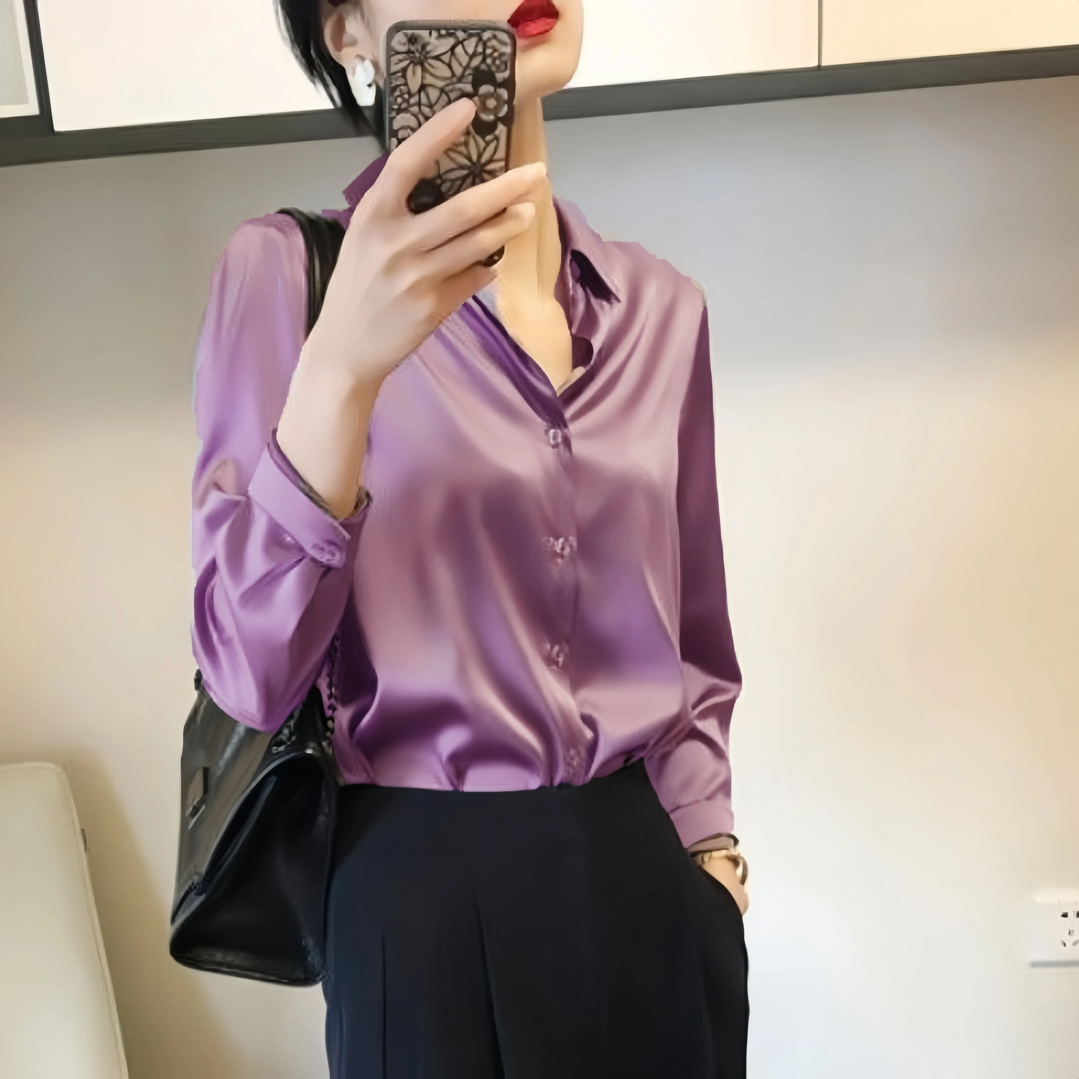 Color: PURPLE, Size: S - All-match Satin Finish Shirts And Blouses Women Clothing Casual Top OL Long Sleeve Button Elegant Shirts French Solid Blouses