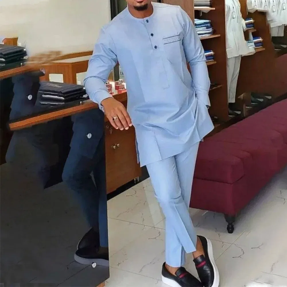 Color: WHITE, Size: XL - New Men's Tenos Wedding 2-Piece Suit Waist Pants Shirt Solid Color Panel Long Sleeve Party African Ethnic Style Clothing (M-4XL)