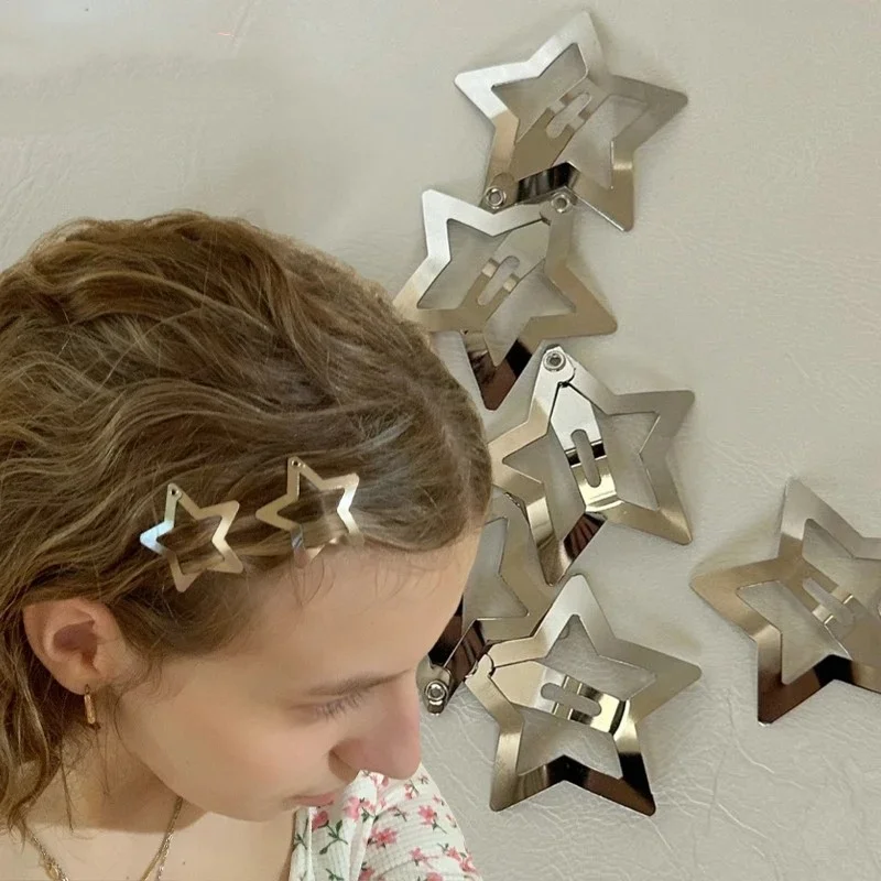Color: Green - 10/25/50/100/200pcs Silver Star Hair Clips for Girl Y2k Filigree Star Metal Snap Clip Hairpins Barrettes Hair Accessories
