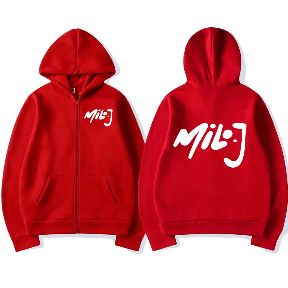 Color: Beige, Size: XL - Rapper Milo J Logo Merch Zipper Hoodies Men's Women Fashion Hip Hop Zip Up Hooded Sweatshirts Casual Oversized Jackets Pullovers