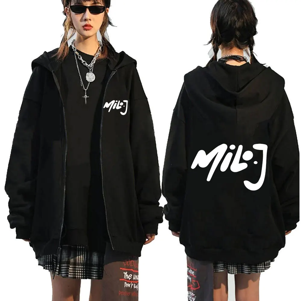 Color: Beige, Size: XL - Rapper Milo J Logo Merch Zipper Hoodies Men's Women Fashion Hip Hop Zip Up Hooded Sweatshirts Casual Oversized Jackets Pullovers