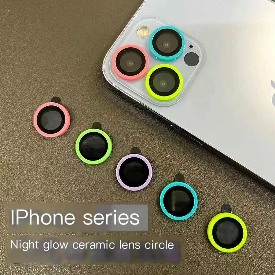 Color: Green, Bundle: Bundle3, Material: Tempered Glass, Ships From: CHINA - For iPhone 15 14 13 12 Pro Max 12 11 mini Luminous Camera Protector Ceramic Lens Ring Tempered Glass Back lens Cap Cover