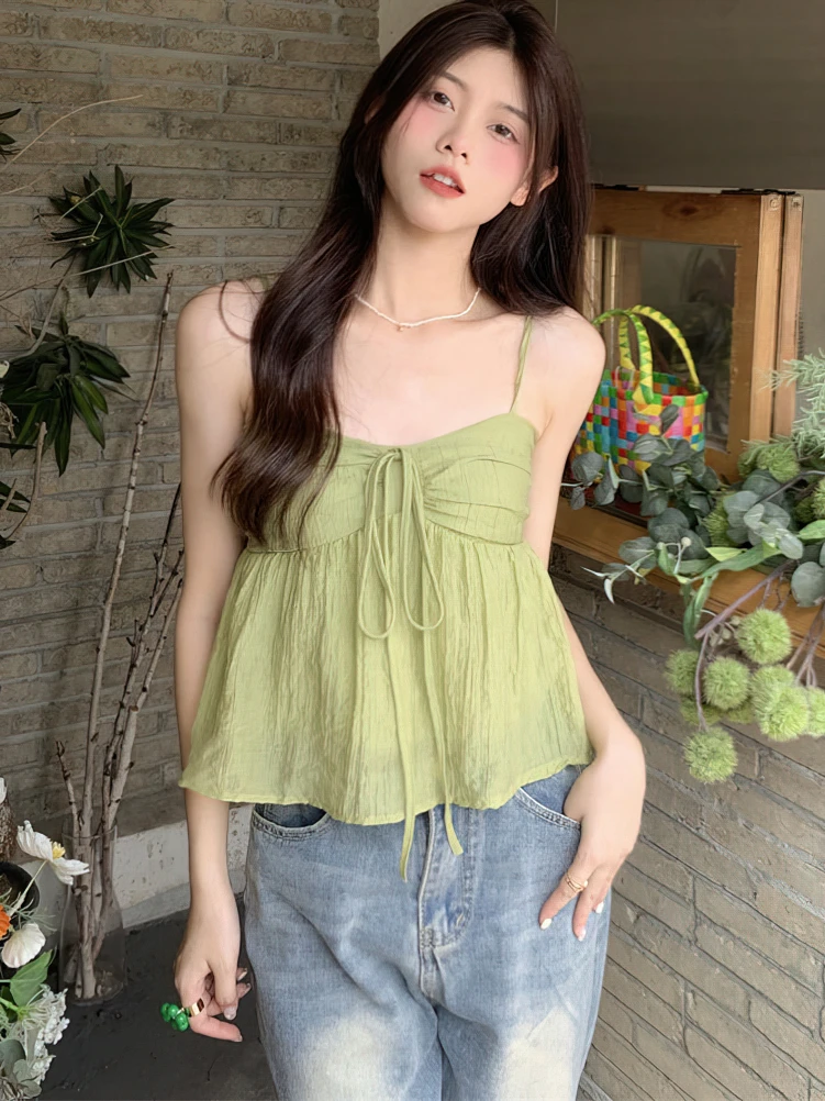 Color: green, Size: XL - Women Linen Sweet Babydoll Ruffle Crop Sleeveless Top Thin Strap Front Bow Ties Flowy Camis Female Korean Tank Top