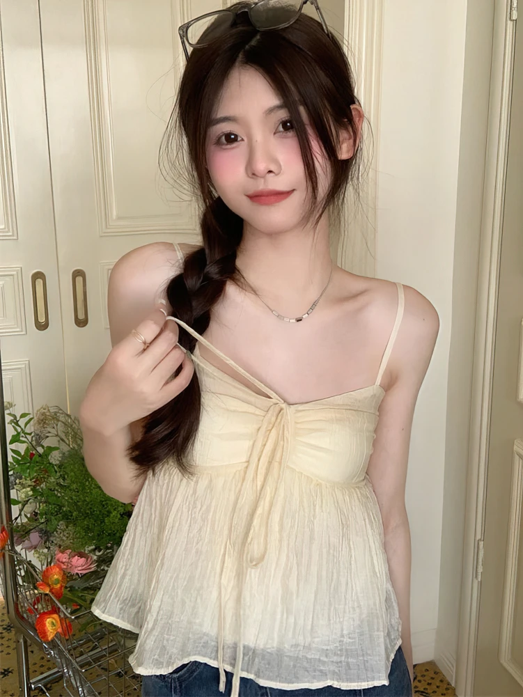 Color: green, Size: XL - Women Linen Sweet Babydoll Ruffle Crop Sleeveless Top Thin Strap Front Bow Ties Flowy Camis Female Korean Tank Top