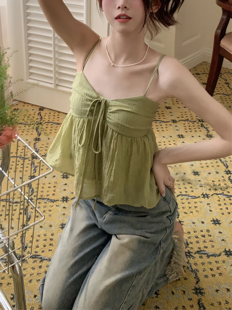 Color: green, Size: XL - Women Linen Sweet Babydoll Ruffle Crop Sleeveless Top Thin Strap Front Bow Ties Flowy Camis Female Korean Tank Top