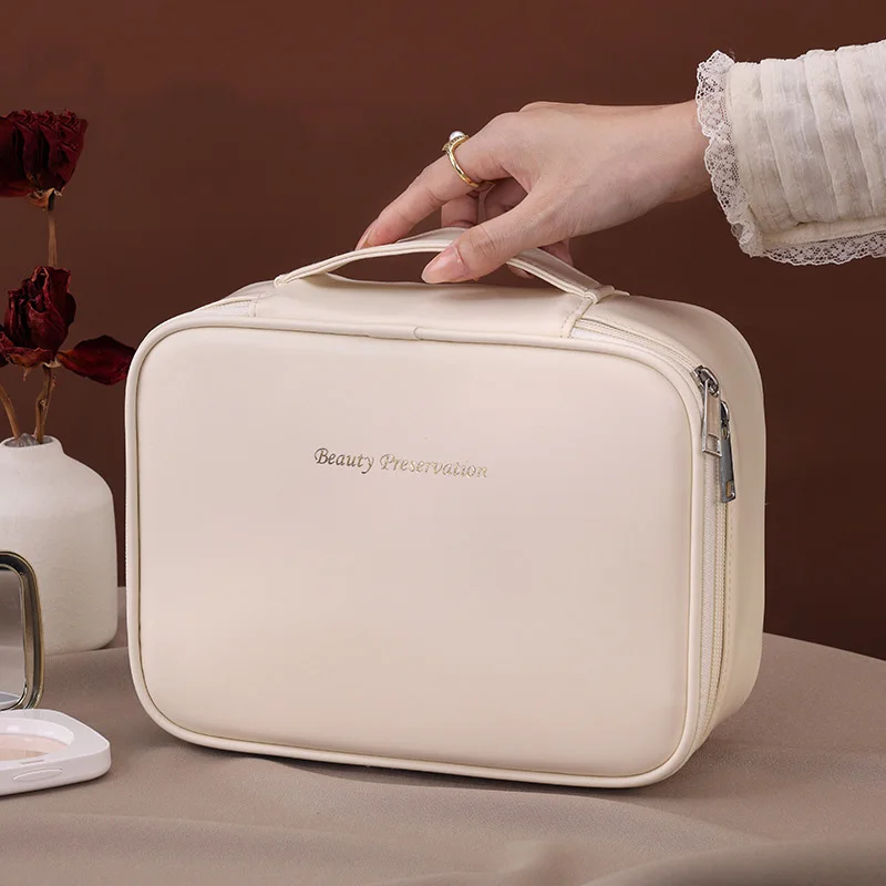 Color: Brown - PU Large Capacity Tote Makeup Bag Portable Travel Organizer Tolietry Cosmetic Storage Bag Luxury Women Double Layer Pouch